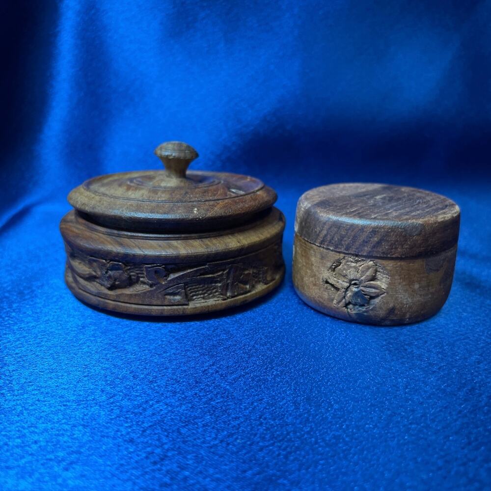 Two Vintage Hand Carved Round Wooden Trinket Boxes